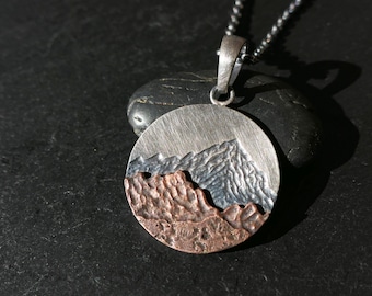 Oxidized Sterling Silver Copper Mountain Pendant, Landscape Amulet