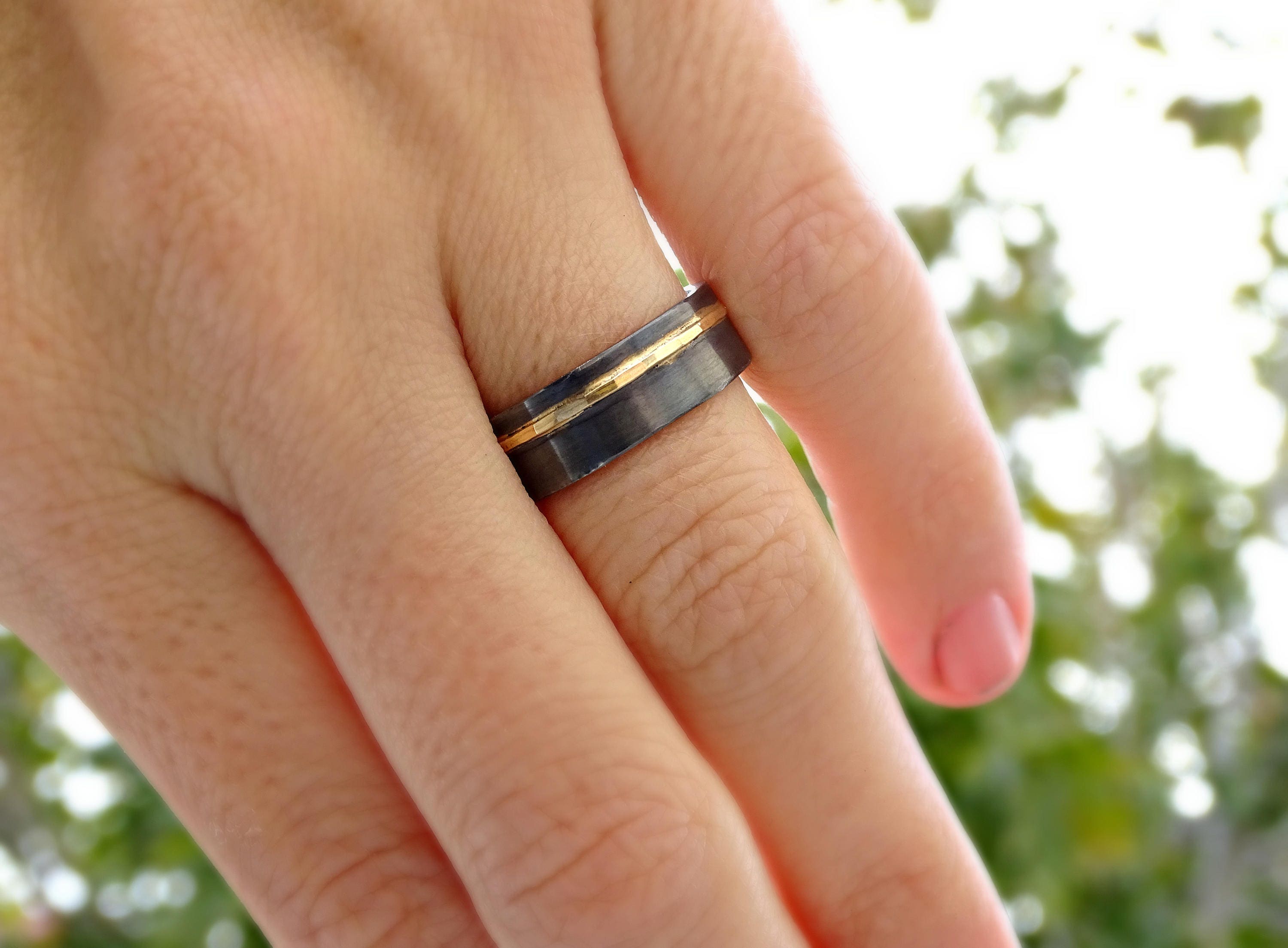 Mens Wedding Band Gold Silver Wedding Ring Black Silver Etsy