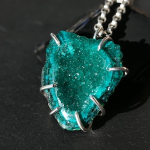 uncut dioptase pendant, emerald green dioptase necklace, raw crystal cluster pendant, rare gemstone pendant, gift for her, anniversary gift