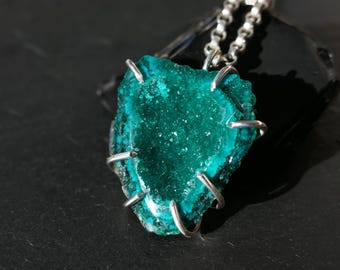 Raw Dioptase Sterling Silver Pendant: Emerald Green Crystal Necklace