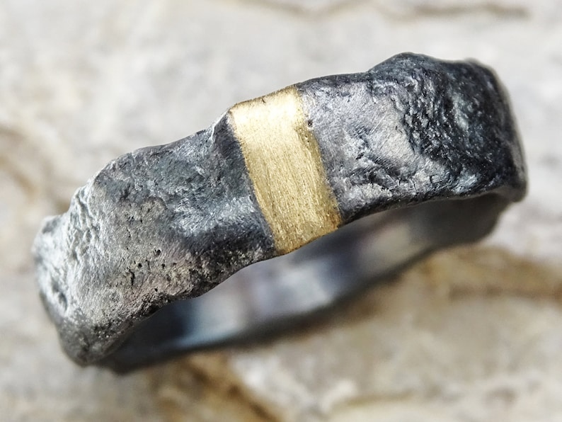 mens wedding band gold, viking engagement ring mens, viking wedding ring gold silver molten ring, woodland wedding ring gift for men image 1