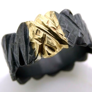 rugged viking ring hand carved wedding ring gold, rustic engagement ring men, viking wedding band gold silver mens wedding band black silver