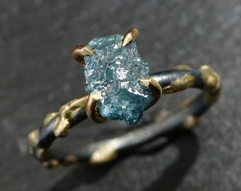 Raw Blue Diamond Ring: Viking Style 14k Gold Silver Engagement Ring