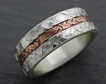 cool mens ring bronze silver, forged wedding band mens engagement ring, unique wedding ring silver bronze anniversary gift for husband