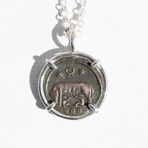 authentic ancient Roman she-wolf coin sterling silver necklace, Capitoline she-wolf Urbs Roma coin, ancient bronze coin jewelry