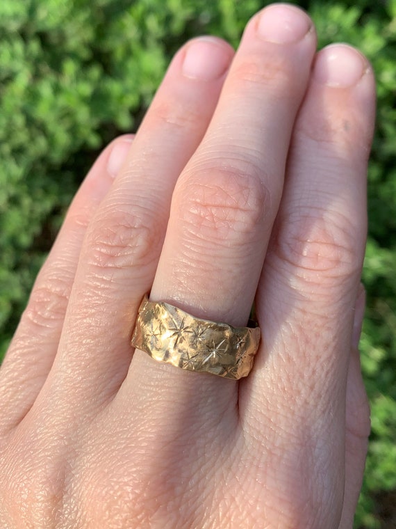 Star Engraved Gold Ring Mens Wedding Band Gold Wedding Ring