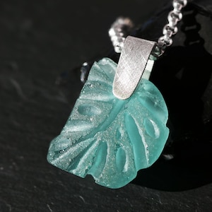 carved Aqua seaglass pendant, beach glass pendant, hand carved Monstera leaf pendant, marine glass pendant, anniversary gift for her