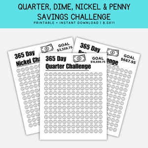 365 Day Savings Challenge, Quarter Savings, Dime Savings, Nickel Savings, Penny Savings, Savings Challenge, Money Challenge, Saving Log