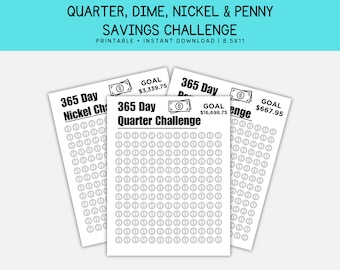 365 Tage Spar-Challenge, Quarter, Dime, Nickel, Penny (Digitaler Download)