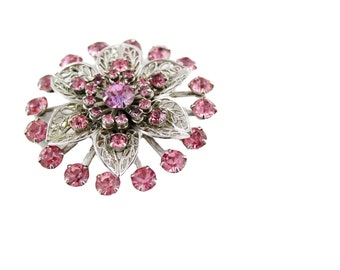 Vintage Pink & Silver tone Flower Brooch