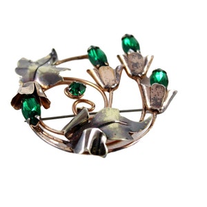Vintage Sterling Glass Brooch Art Deco Flower Brooch, Pin, Emerald Green Sterling Silver Gift for Her