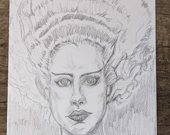 Original Bride of Frankenstein drawing,  pencil sketch Horror art