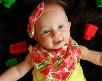 Combo Watermelon Bandana Bib & Bow Headband Set.  Summer, Fruit, Food, Red, Green, Matching Set, Infant, Toddler,Baby, Nursery, Shower Gift,