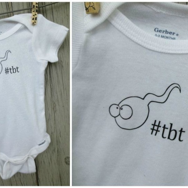 Newborn Baby, Infant Onesie, Bodysuit.  #tbt with Cartoon Sperm. Funny Quote, Humor, Short or Long Sleeved. Newborn,3,6 Months White or Grey