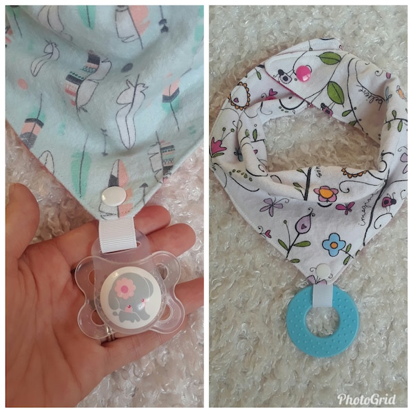 Pacifier Bandana Bib With Available Button Pacifier Adapter and Wooden or Plastic Teething Ring/ Toy