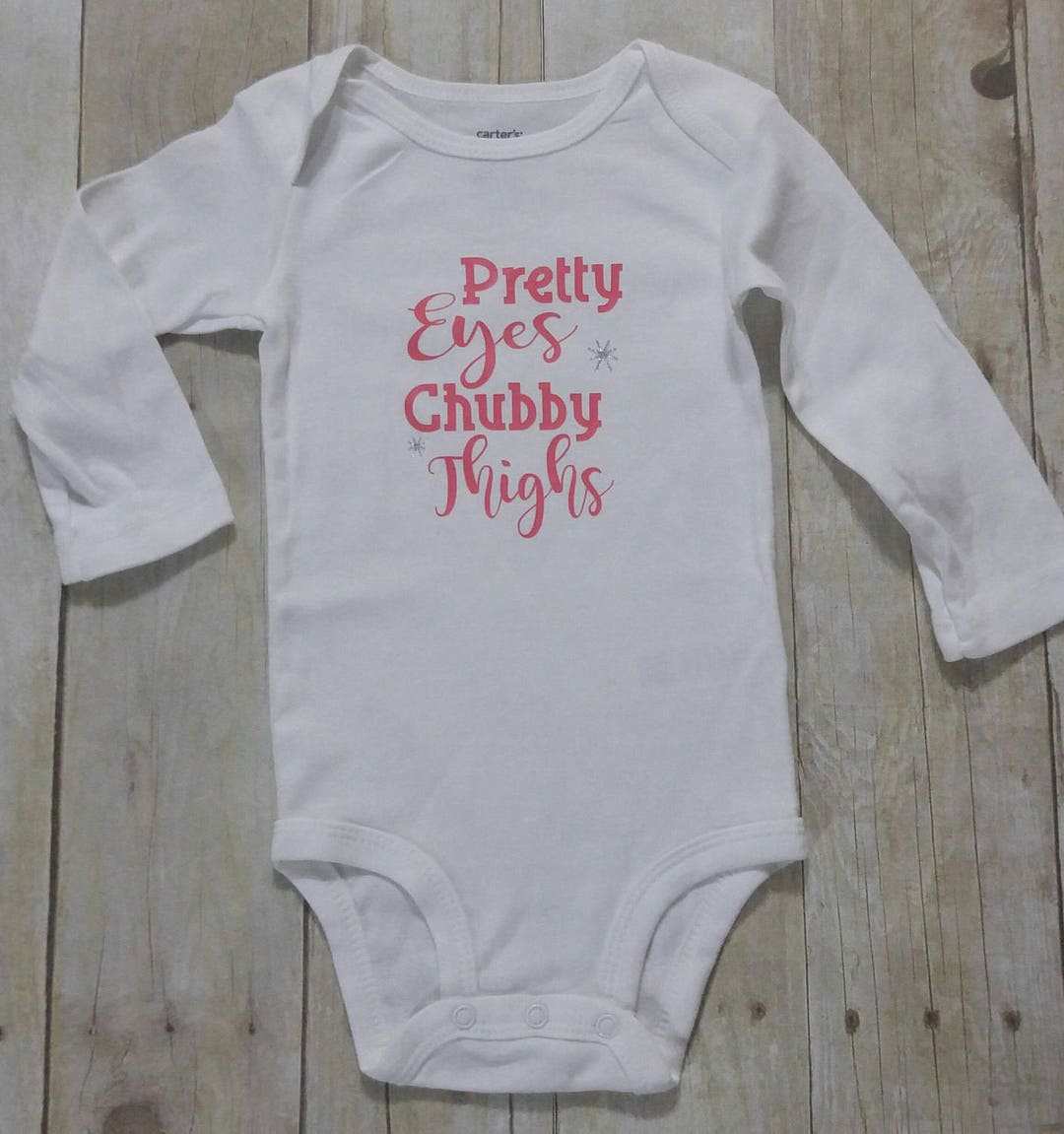 Pretty Eyes, Chubby Thighs Infant Girl Onesie, Bodysuit. Newborn 24 Months. Coral Pink, Silver