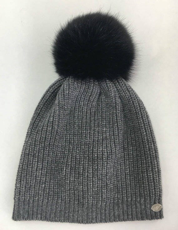 Hat. Italian Cashmere Wool Hat With Real Fur Pom Pom. Fur 