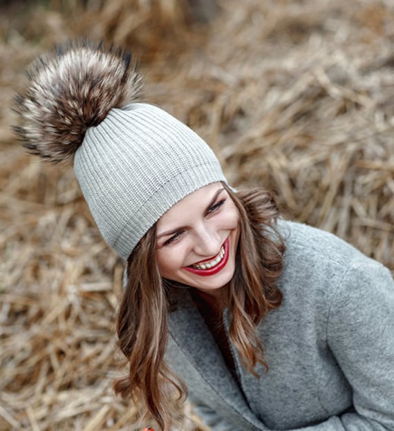 Cashmere Faux Fur Pom Pom Hat, Women Winter Hat, Gift for Her