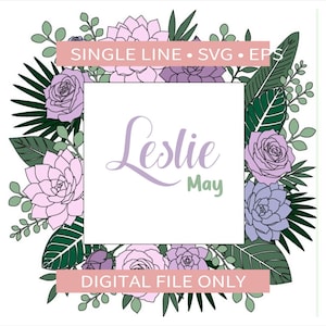 May include: A digital graphic featuring a central white square with the text Leslie May in purple and green script. The square is framed by a border of illustrated purple roses, light purple succulents, and dark green tropical leaves.