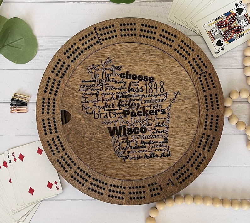 Wisconsin Round Cribbage Board, House Warming Gift, Friday Fish Fry