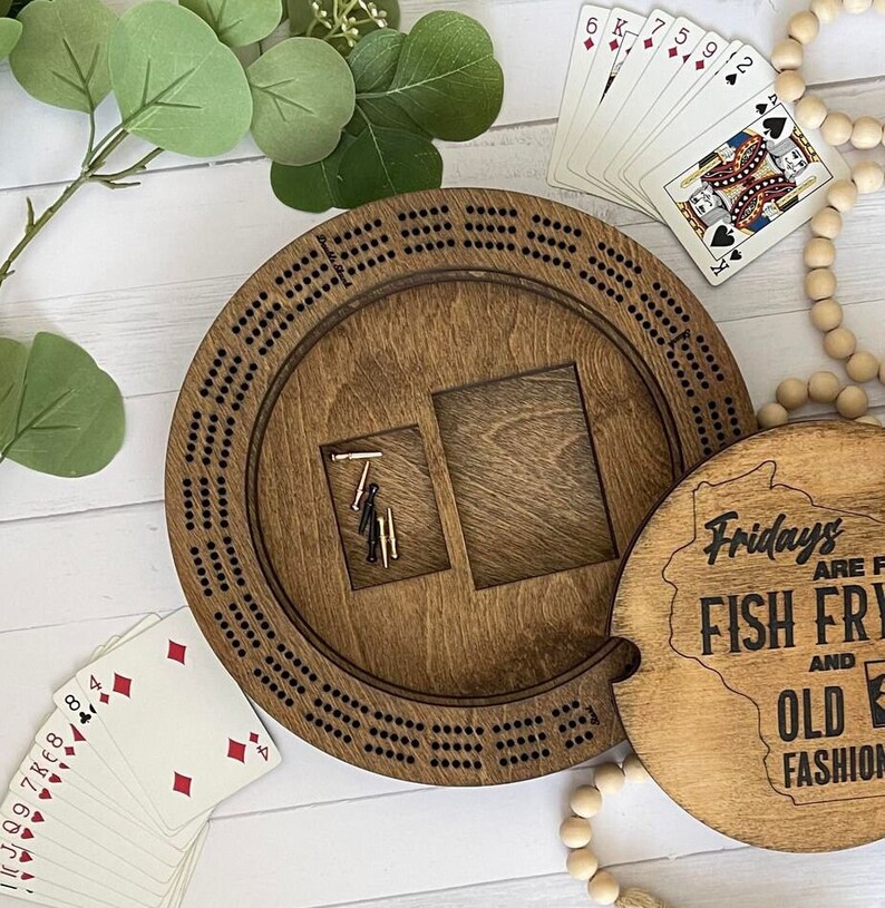 Wisconsin Round Cribbage Board, House Warming Gift, Friday Fish Fry