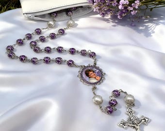 Catholic Photo Rosary – Ornate Purple Beads, Alzheimer’s Awareness Tribute, Personalized Memorial Gift with Photo of Your Loved Ones