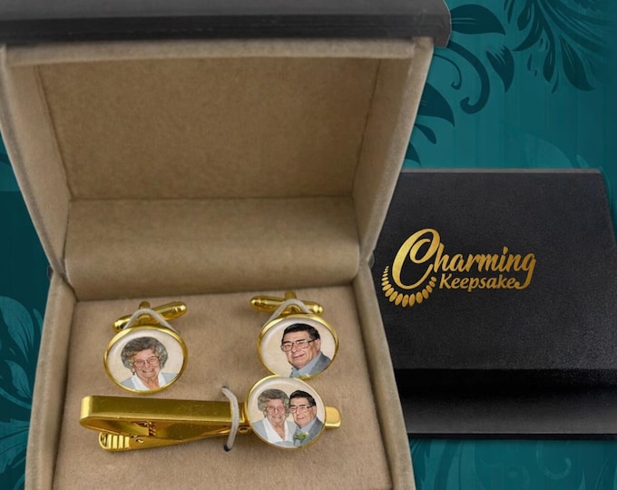 Custom Photo Cufflink Set, Matching Tie Bar Clip, Wedding Gift