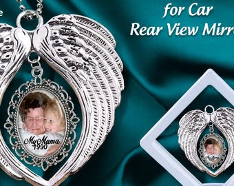 Car Auto Remembrance Photo Ornaments, Angel Wings In Memory of, Rainbow Bridge , Forever in My Heart Ornament, Funeral Memorial Sympathy