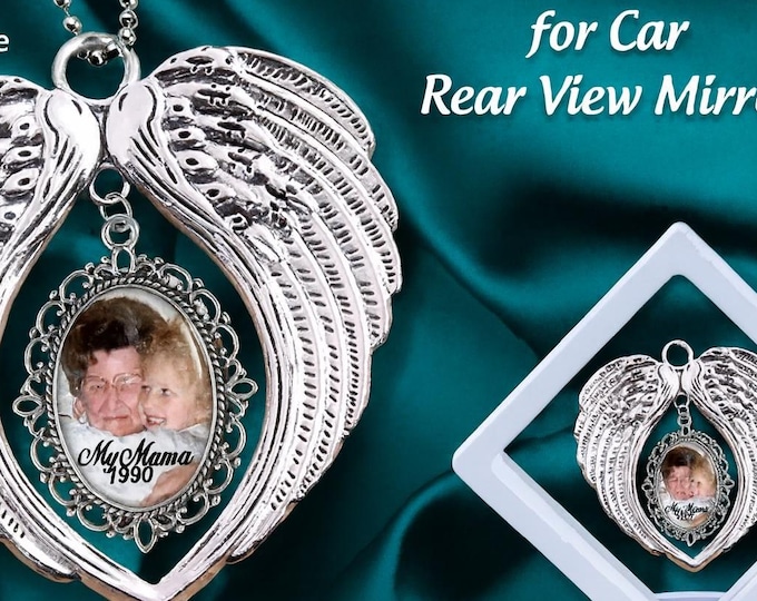 Car Auto Remembrance Photo Ornaments, Angel Wings In Memory of, Rainbow Bridge , Forever in My Heart Ornament, Funeral Memorial Sympathy