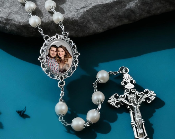 Custom Photo Rosary Beads, White Beads -Silver Crowns, for Anniversaries, Weddings, Quinceañeras, Sacraments, Memorials