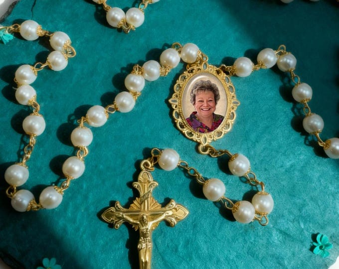 Custom Photo Rosary White Pearl and Gold – Memorial, Wedding, Sacrament Gift – Up to 3 Loved Ones Honored