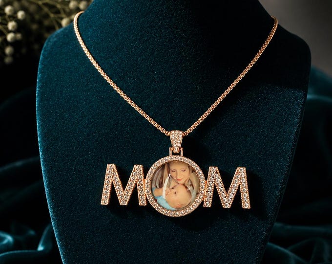 Personalized MOM Photo Charm Pendant with Your Picture, Custom Rhinestone Bouquet Charm/Necklace, Mother Remembrance Gift -Sympathy Gift