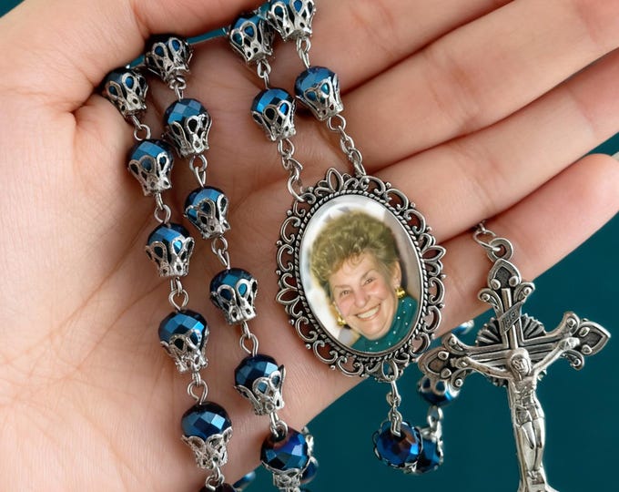 Handmade Catholic Deep Blue Crystal Picture Rosary Beads - In Memory of Rosaries Custom & Personalized with Your Photo, Sympathy Gift