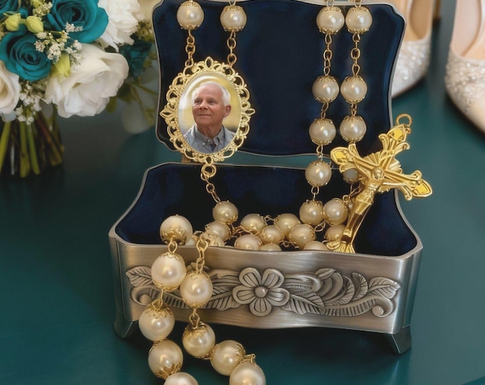 Custom Photo Rosary Necklace – White and Gold Bridal Bouquet Gift Jewelry with FREE Photo Restoration
