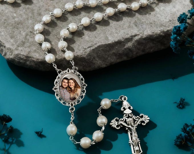 Custom Photo Rosary Beads, White Beads -Silver Crowns, for Anniversaries, Weddings, Quinceañeras, Sacraments, Memorials
