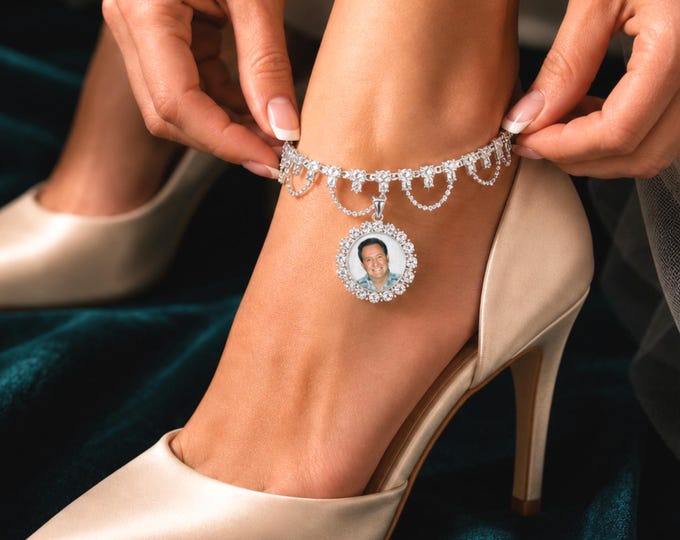 Custom Picture Anklet, Bridal Rhinestone Crystal Ankle Bracelet, Personalized Memorial Charm