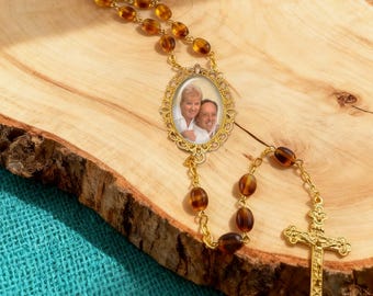 Custom Catholic Photo Glass Rosary Beads, Memorial Remembrance, Anniversaries, Birthdays, Weddings, With Your Picture, Double Sided Charm