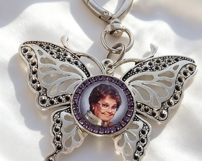 Butterfly Custom Photo Charm – Alzheimer's Memorial Tribute Keepsake, Ornament, Key Chain or Bouquet Charm