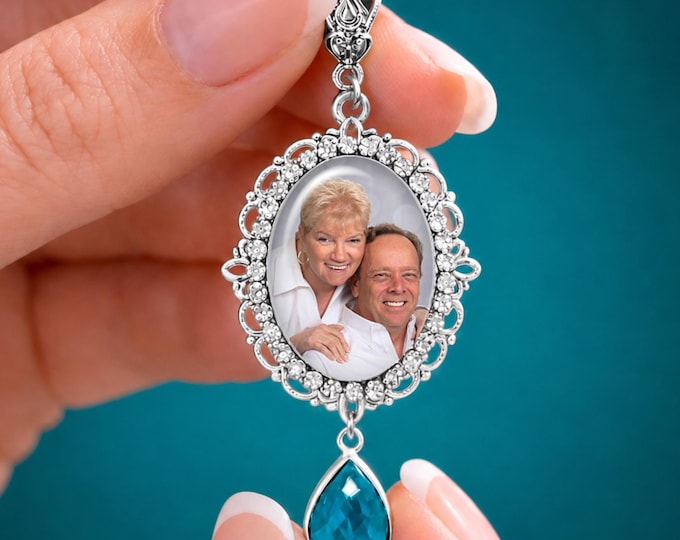 Bridal Bouquet Custom Photo Charm – Something Blue Wedding Keepsake with Rhinestones