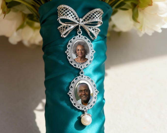 Double Custom Photo Bow Bouquet Charm, Personalized with your Picture, Remembrance Memorial Keepsake for Bride, Great Bridal Shower Gift