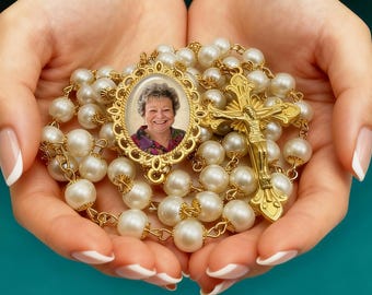 White/Gold Memorial Rosary Beads with Your Photo Added for a Great Personalized Sympathy Gift & Custom Catholic Keepsake in Gift Box
