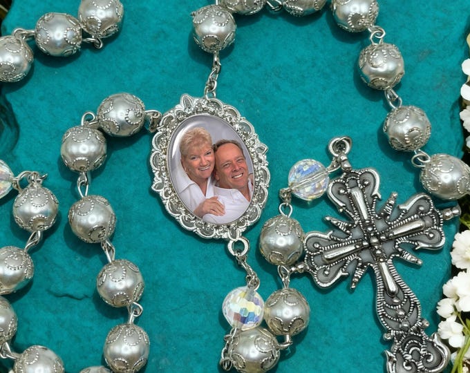 Luxurious Catholic Wedding Rosary with Your Photo White Glass Pearl Beads Handcrafted - Family Heirloom Keepsake Gift for Bride and Groom