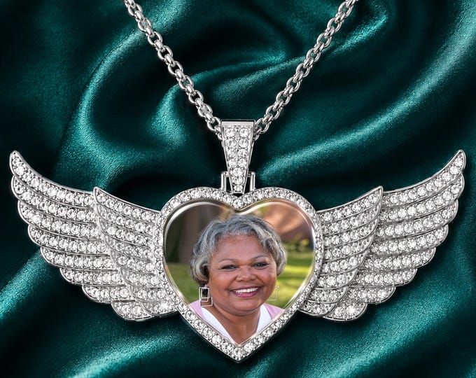 Personalized Large Memorial Photo Heart Pendant with Rhinestones | Angel Wing Medallion | Sympathy or Keepsake Gift