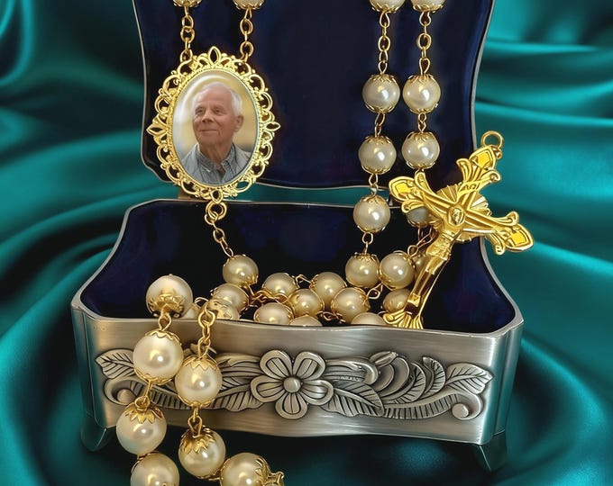 Custom Photo Rosary – White/Gold Beads – Catholic Wedding, Memorial, or Sacrament Gift – Bridal or Keepsake Box Option