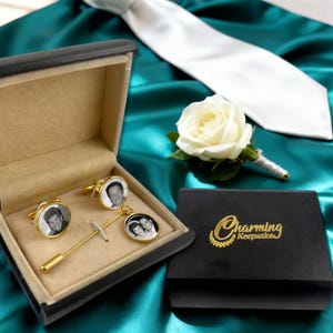 Custom Photo Cufflink & Boutonniere Pin Set, Groom, Groomsmen Wedding Keepsake