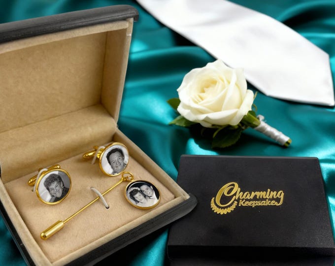 Custom Photo Cufflink Set with Matching Boutonniere Pin for Weddings, Proms, Special Occasions - Groom's Gift, Father of the Bride