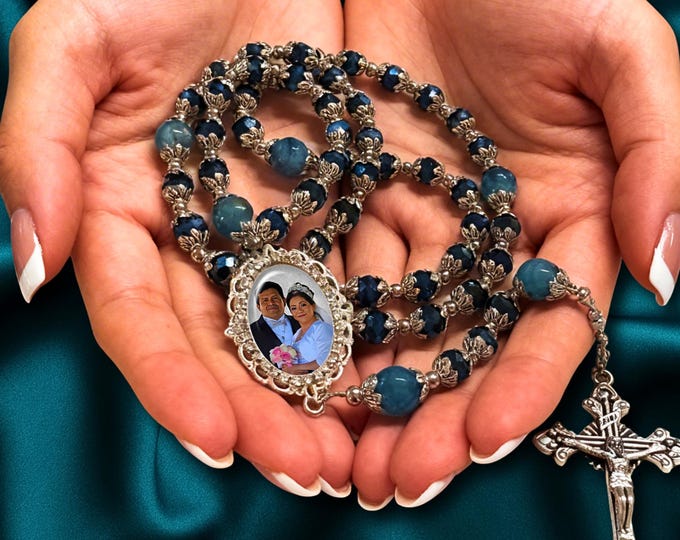 Custom Radiant Blue Rosary - Crystal Catholic Rosary Beads with Rhinestone Photo Charm - Memorial Jewelry