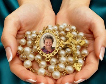 Custom Photo Rosary Necklace – White and Gold Catholic Memorial Jewelry with FREE Photo Restoration
