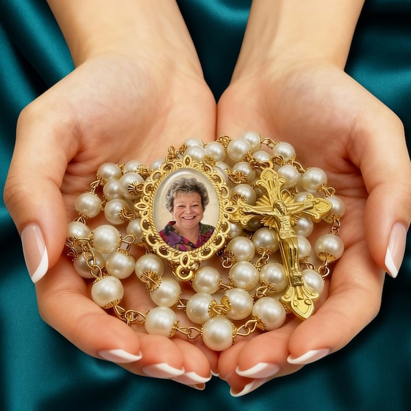 Custom Photo Rosary Necklace – White and Gold Catholic Memorial Jewelry with FREE Photo Restoration