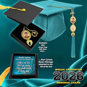 Custom 2026 Graduation Photo Charm for Tassel & Includes Keepsake Grad-Cap Shape Gift Box with Custom Message